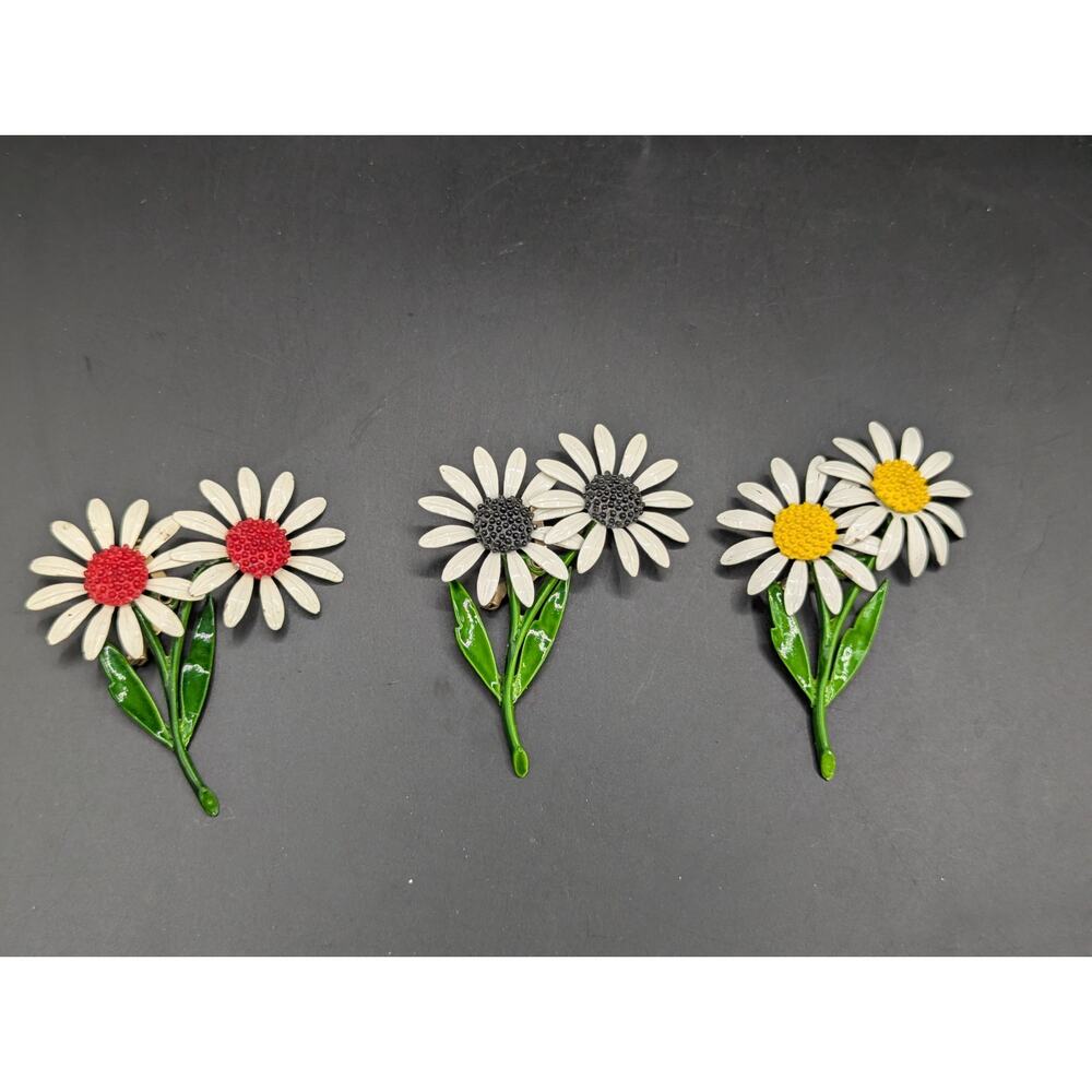 Vintage MCM Enamel Daisy Brooch Lot of 3 Mod Flower Pin Set Red Black Yellow
